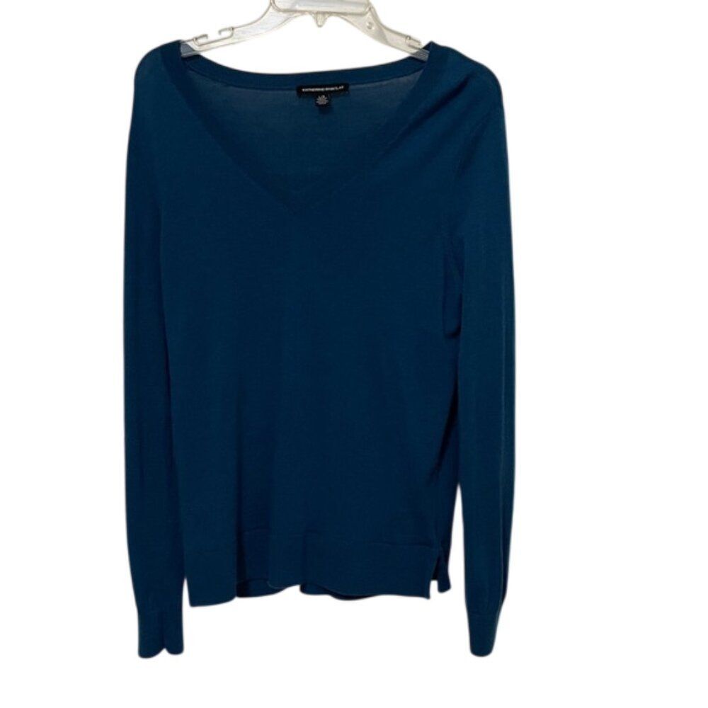 Katherine Barclay Merino Wool Sweater Large Teal Blue V-Neck Washable Knit